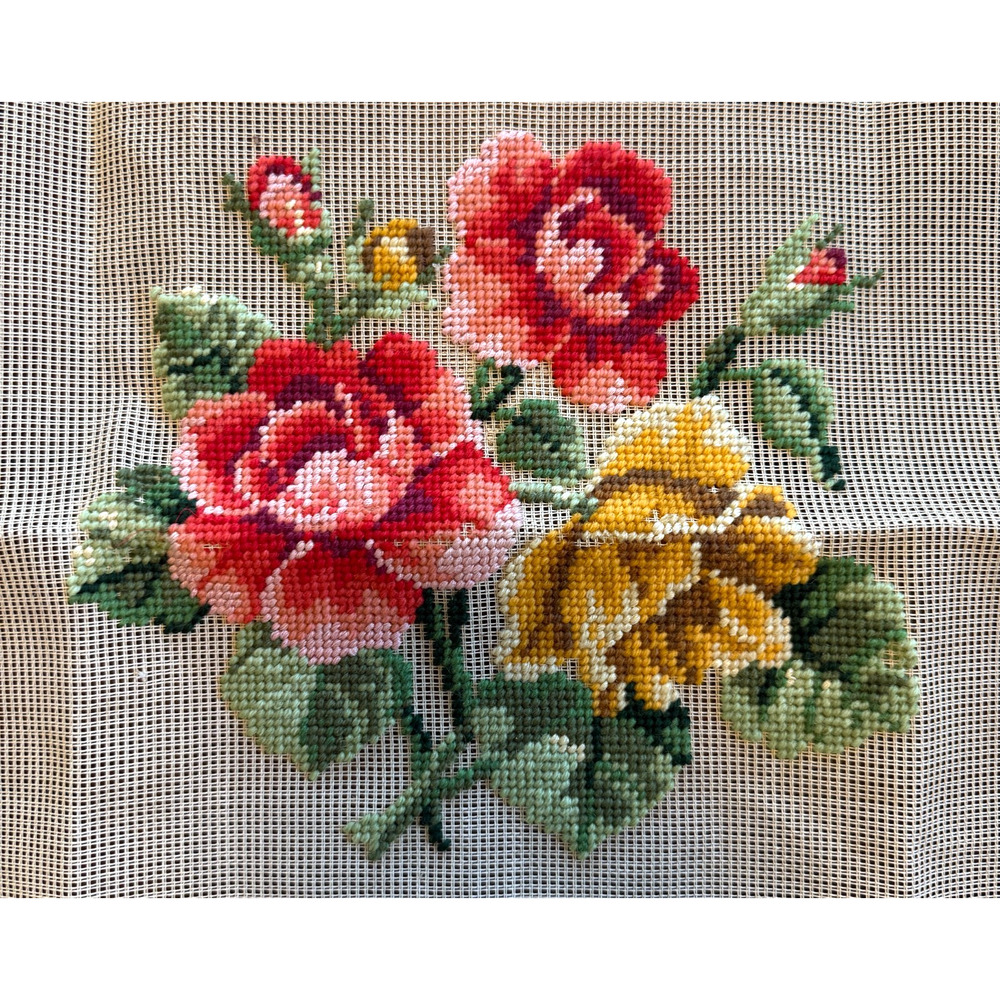 Vintage Bucilla Preworked Decorator Needlepoint Canvas Floral Roses Design 9 x 9